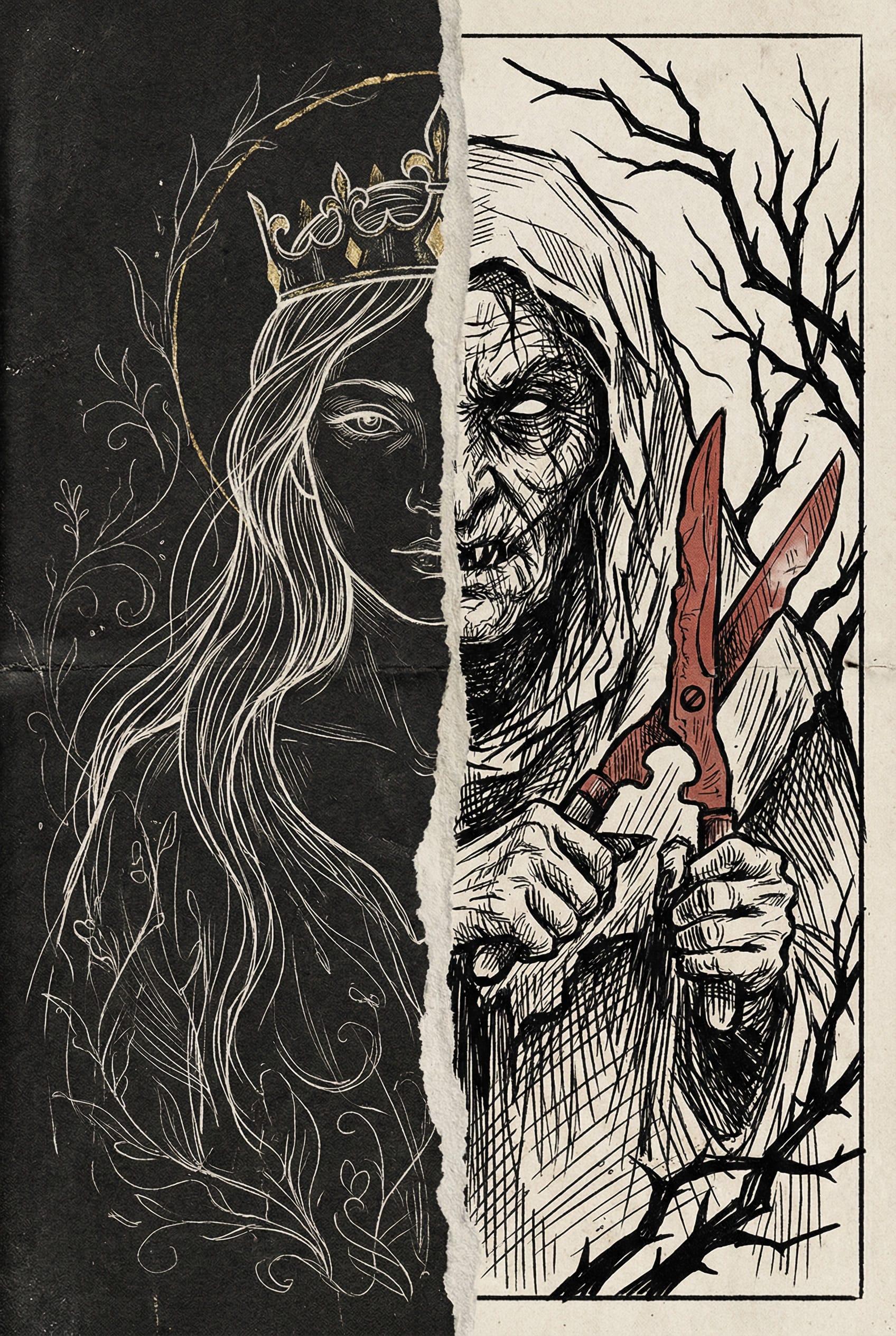 Ilustración artística dividida en dos: a la izquierda una reina joven y oscura con corona, a la derecha una anciana bruja arrugada con tijeras oxidadas. Estilo grabado vintage.