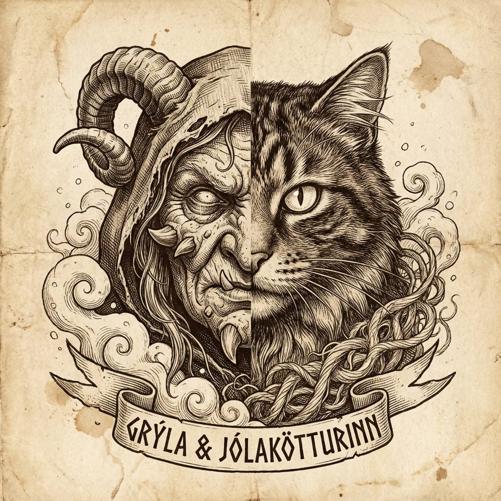 Grabado estilo antiguo mostrando un rostro dividido: mitad criatura monstruosa tipo troll, mitad gato detallado, simbolizando la conexión entre Grýla y su mascota.