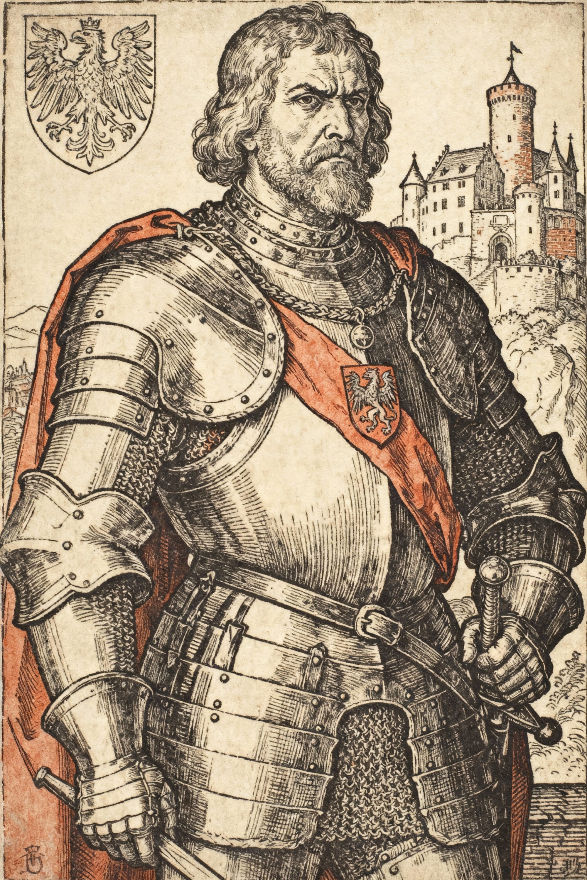 Grabado histórico de Hans von Trotha con armadura completa, espada y escudo de armas, con el castillo de Berwartstein al fondo.