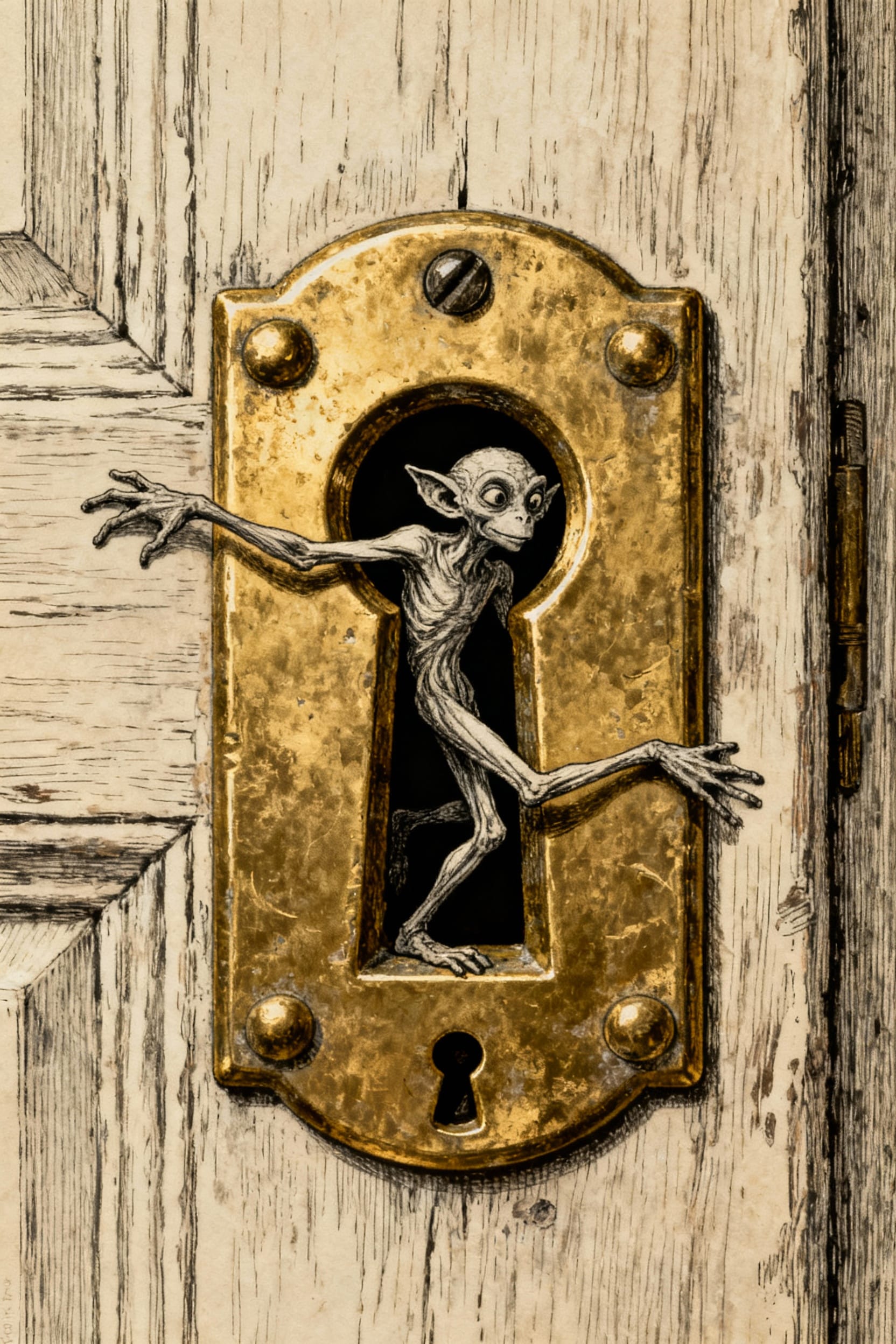 Pequeño duende o goblin asomándose a través del ojo de una cerradura dorada antigua.