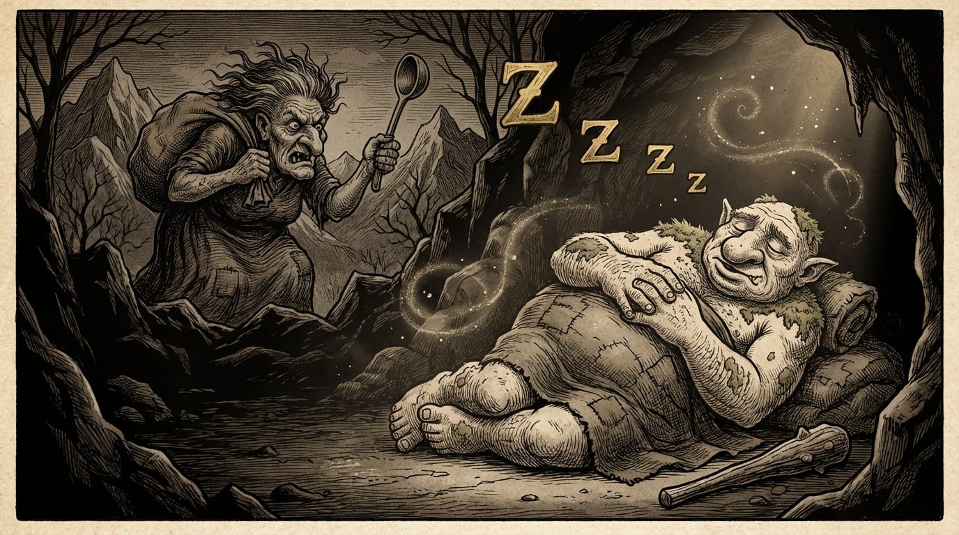 Ilustración de un troll gigante y perezoso durmiendo en una cueva mientras una figura femenina sale a cazar. Representación de Leppalúði.