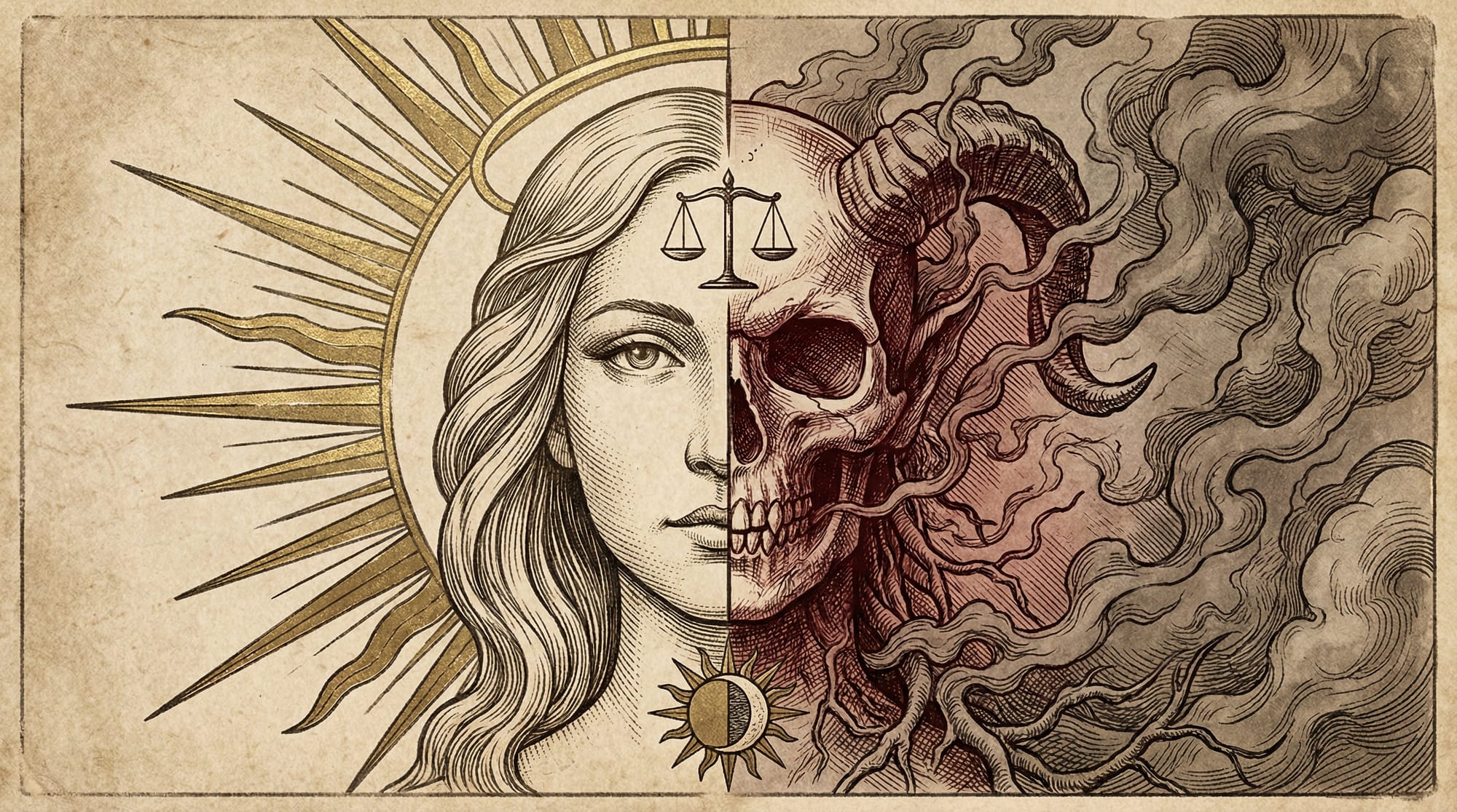 Ilustración dividida por la mitad: a la izquierda una mujer serena (Santa Lucía) y a la derecha un esqueleto demoníaco con cuernos (Lussi).