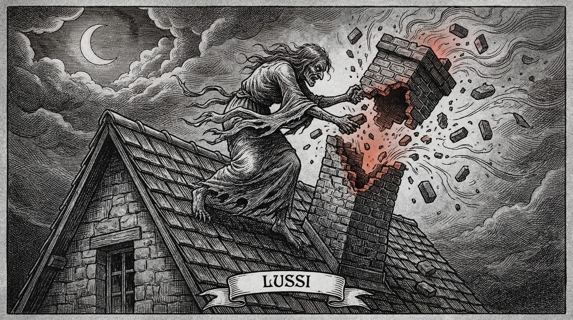Grabado oscuro de una bruja vieja (Lussi) en un tejado destruyendo violentamente una chimenea de ladrillos.