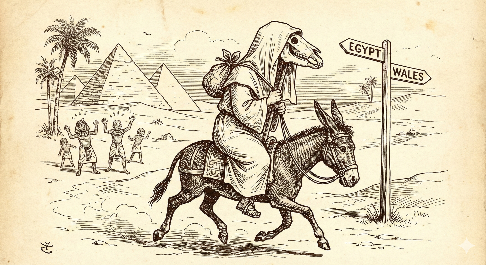 lustración estilo grabado antiguo de una figura con calavera de caballo montada en un burro frente a pirámides, con un cartel señalando hacia Gales y Egipto.