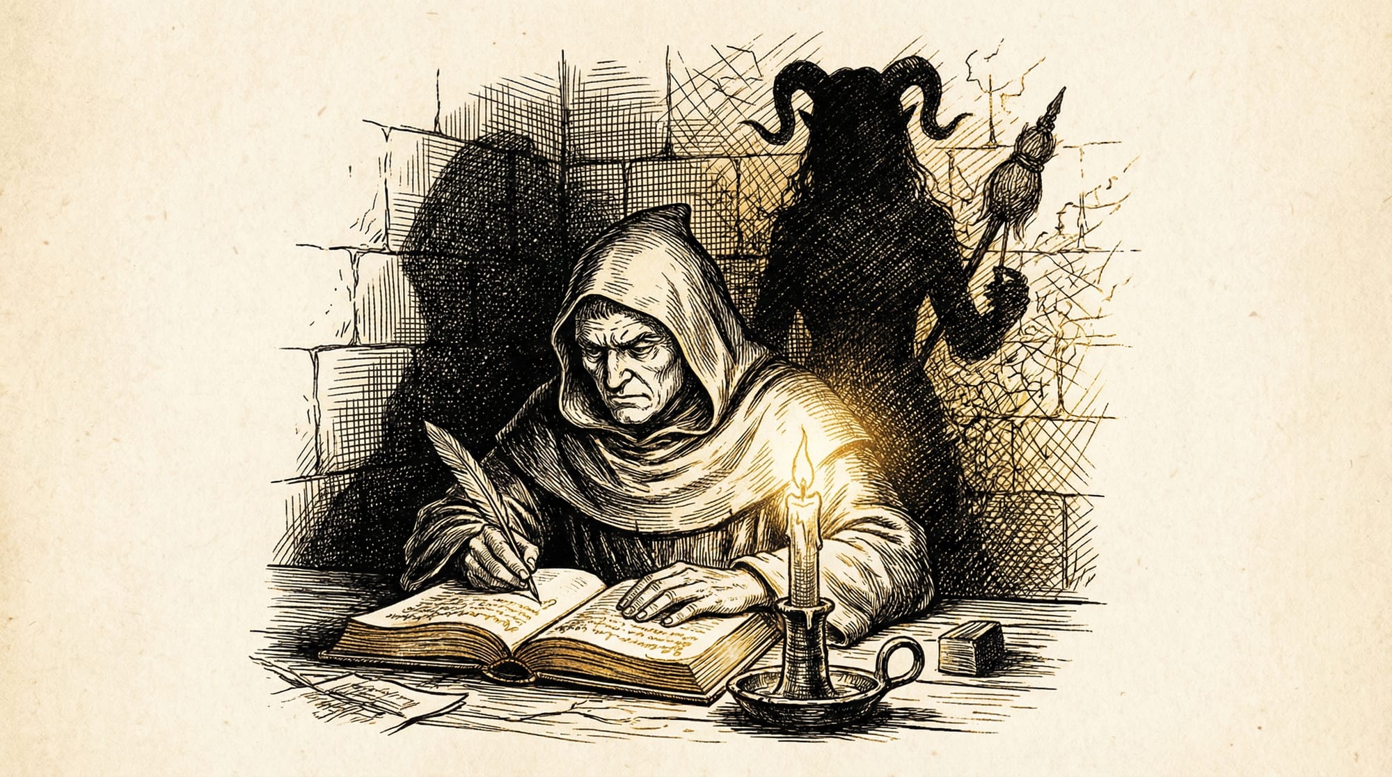 Dibujo a tinta de un monje medieval escribiendo en un libro a la luz de una vela, mientras una sombra con cuernos y una rueca se proyecta en la pared detrás de él.