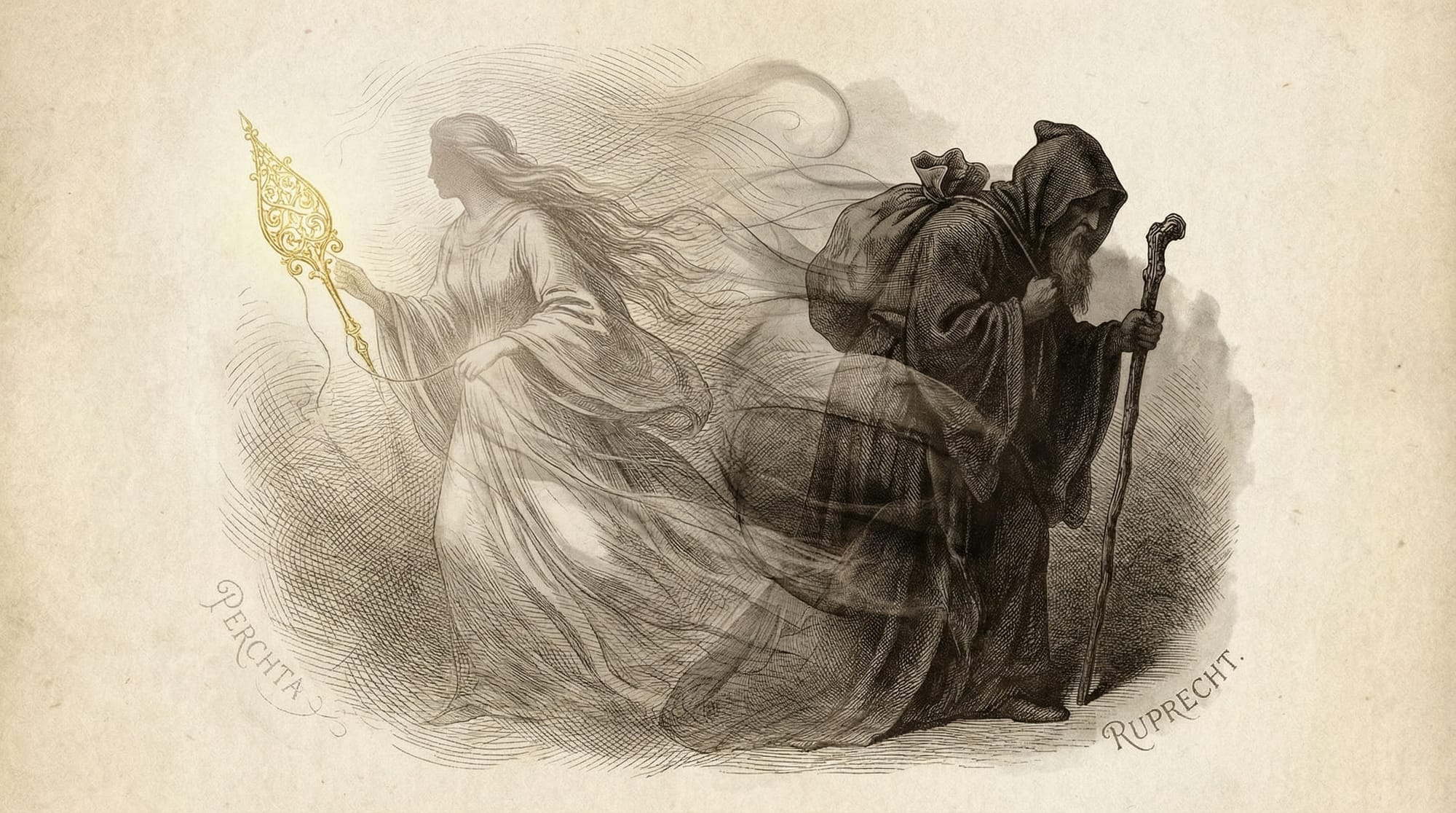 Grabado delicado que muestra a una figura femenina luminosa (Perchta) con una rueca, seguida por un anciano encapuchado y oscuro (Ruprecht) con un saco.