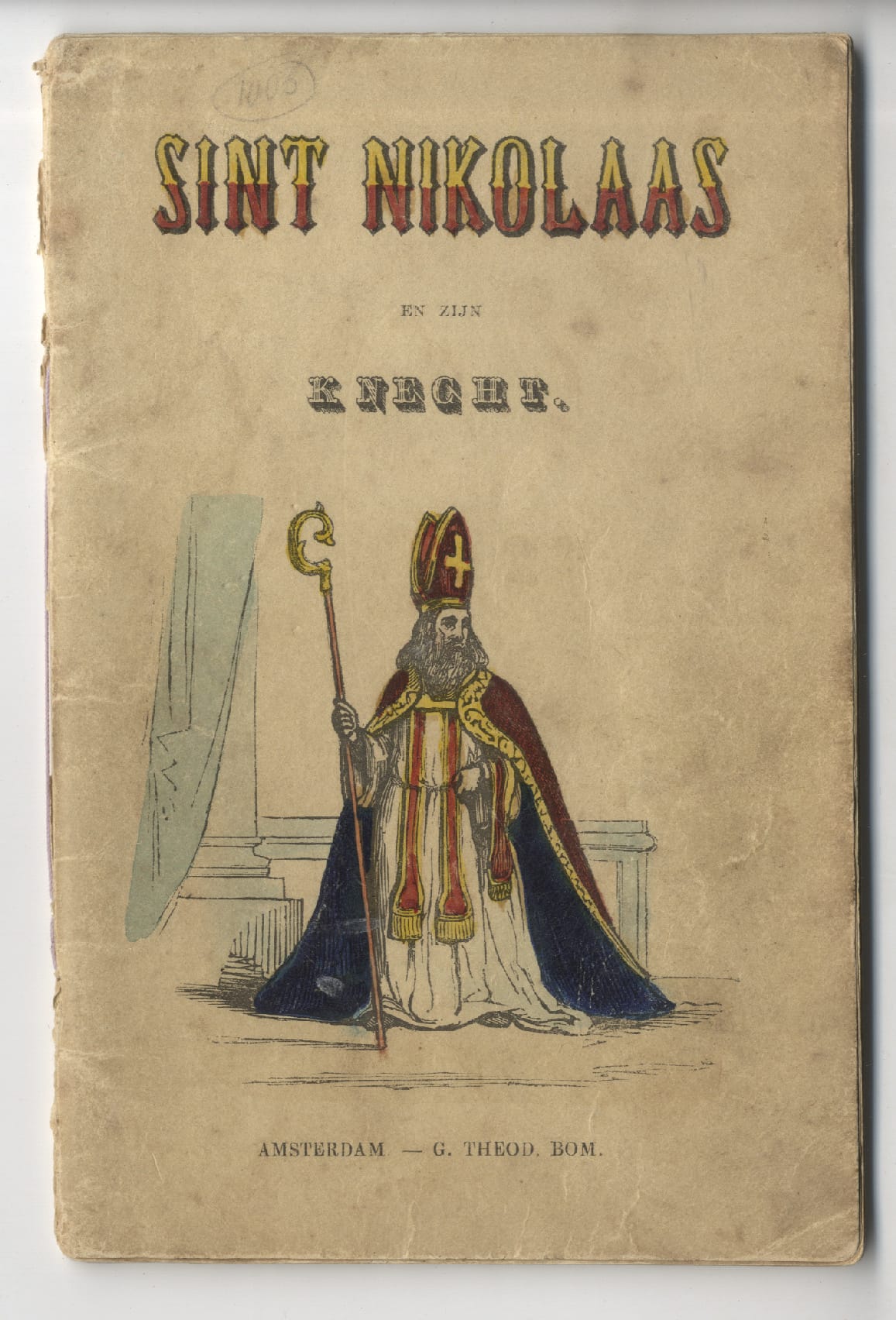 Portada de libro antiguo amarillento titulado "Sint Nikolaas en zijn Knecht" mostrando a San Nicolás con mitra roja.