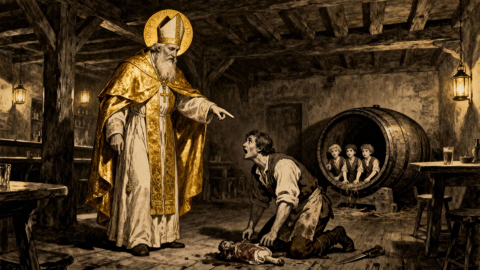 Pintura clásica que muestra a San Nicolás vestido de obispo bendiciendo a tres niños que salen vivos de un barril de madera, mientras un carnicero ruega perdón de rodillas.