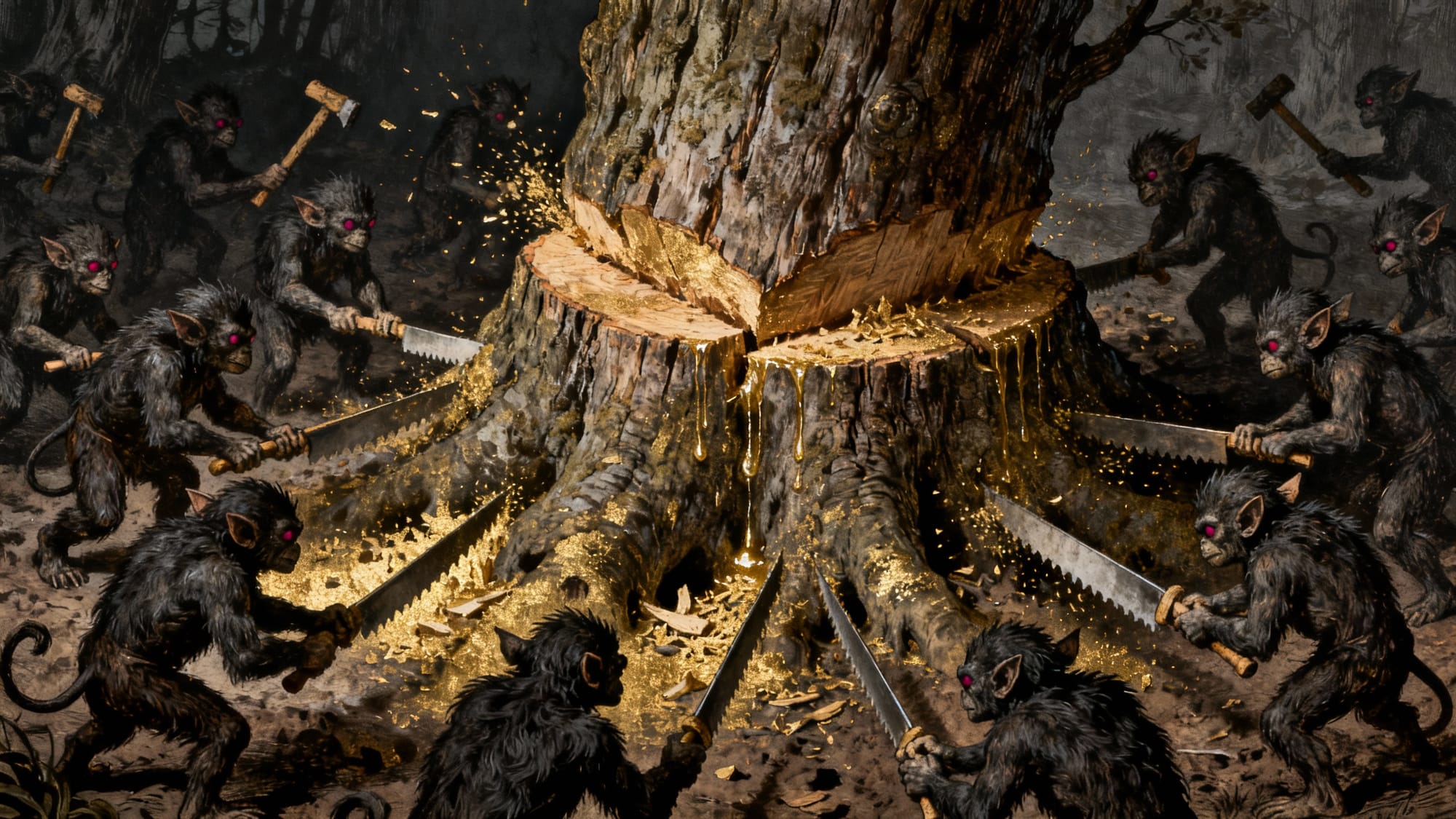 Grabado de demonios pequeños cortando un árbol gigante con sierras; representación del Axis Mundi en la mitología griega.