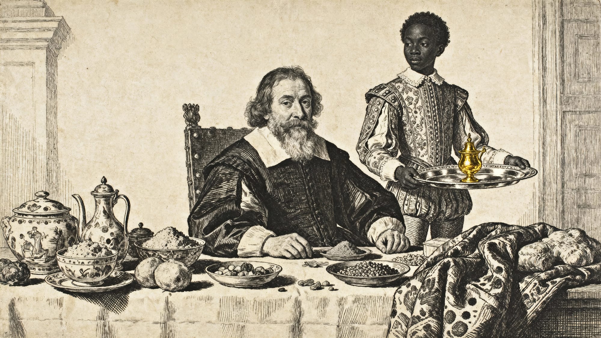 Grabado detallado de un banquete donde un hombre noble barbudo está sentado a la mesa y es servido por un joven negro vestido con jubón lujoso que trae una copa dorada.