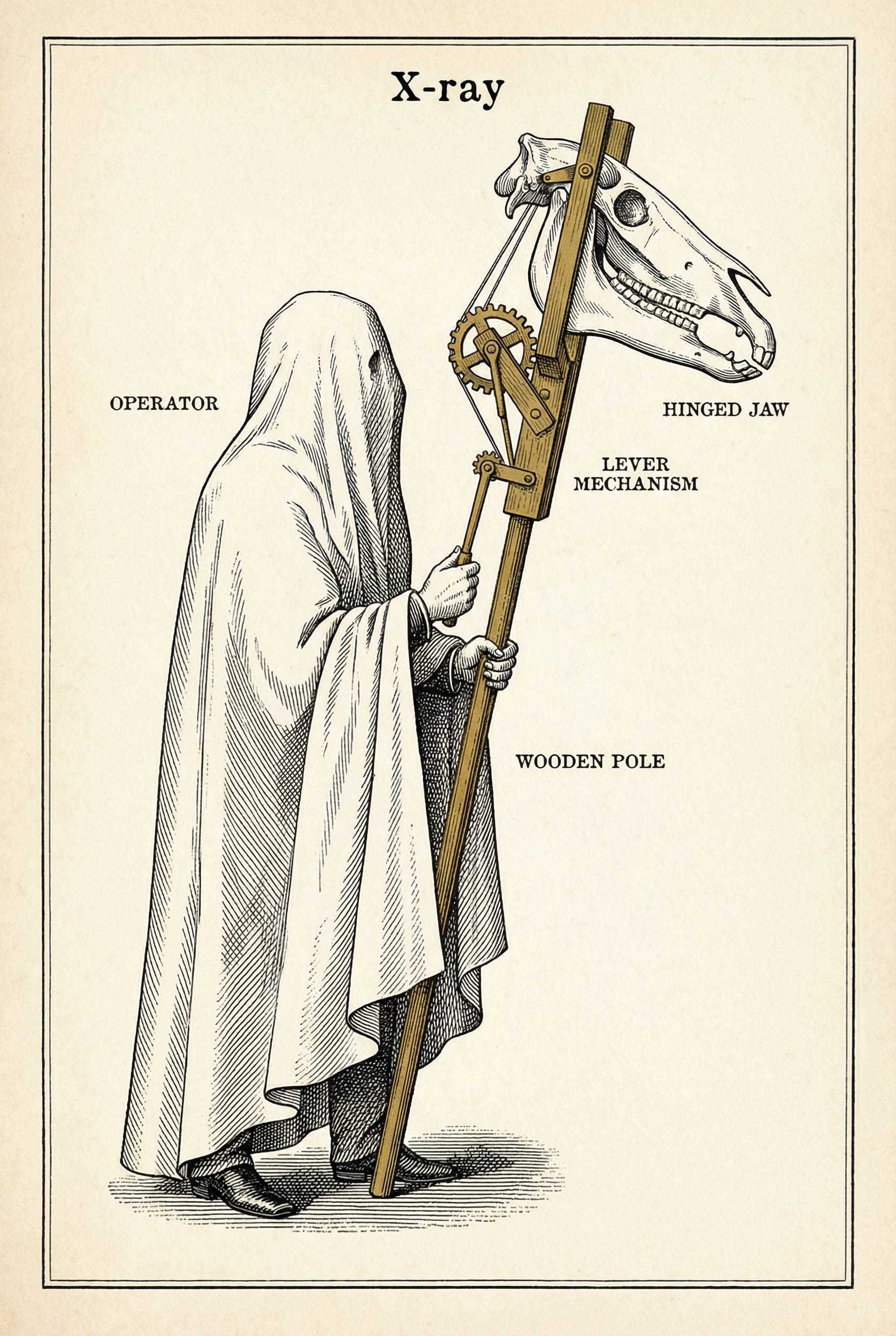 iagrama técnico estilo vintage mostrando el mecanismo interno de la Mari Lwyd y cómo un operador humano controla la mandíbula del caballo.