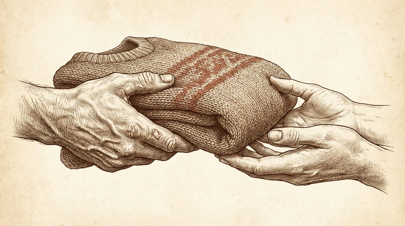 Ilustración detallada de unas manos entregando un jersey de lana tejido a otras manos receptoras. Símbolo de solidaridad.