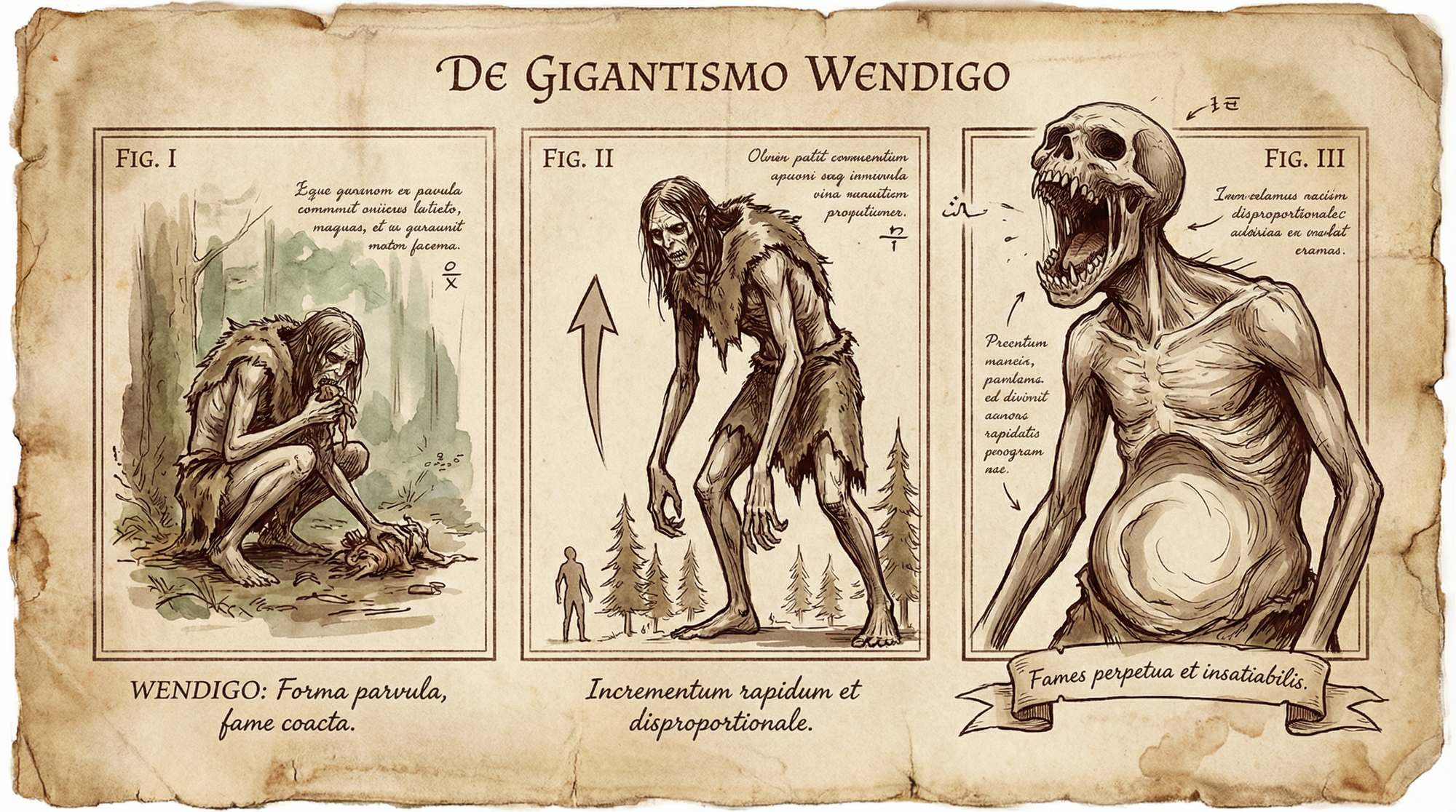 Ilustracion al estilo de un diagrama antiguo mostrando las tres fases de crecimiento del Wendigo según la leyenda algonquina.