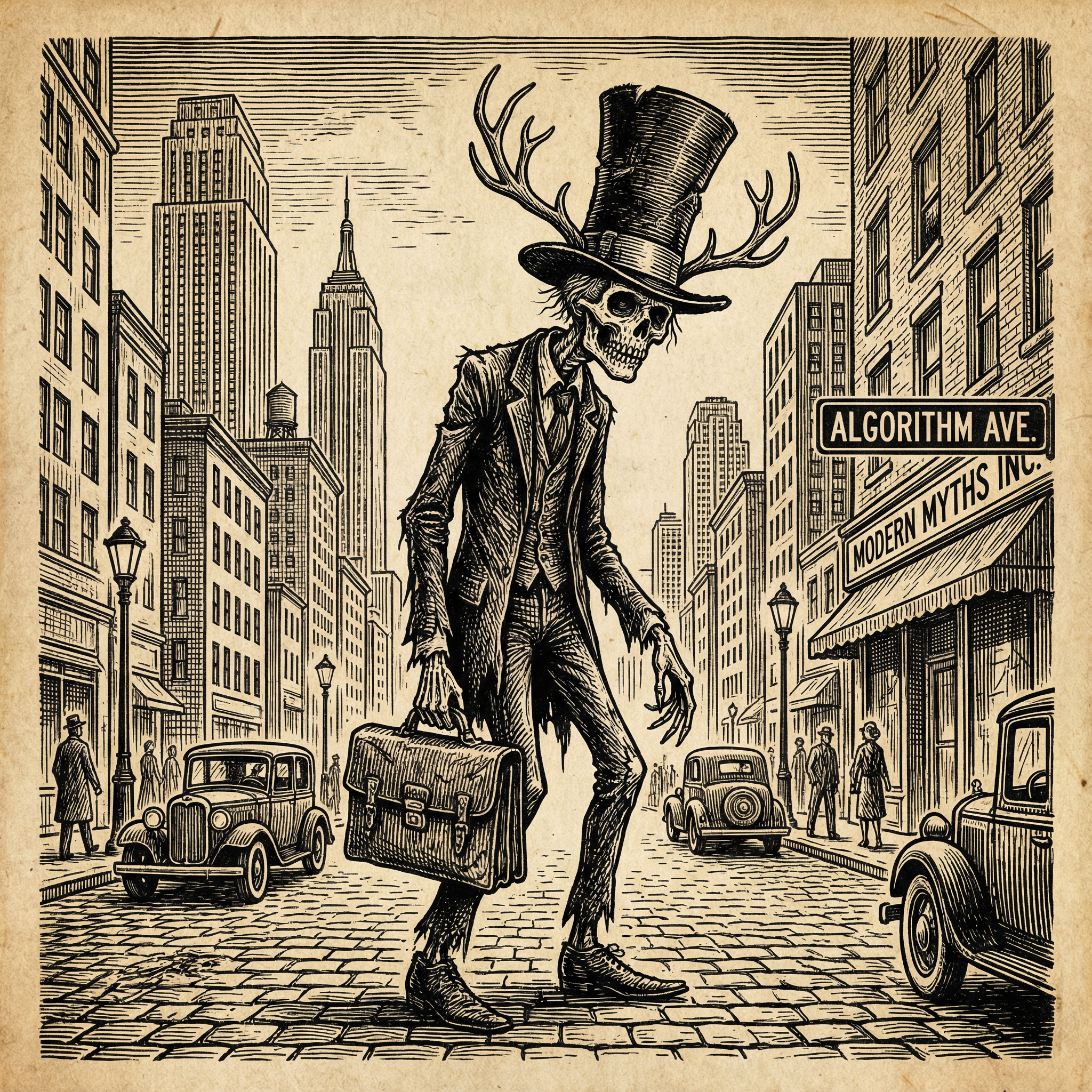 Esqueleto con traje, sombrero de copa y cuernos caminando por una ciudad moderna estilo grabado antiguo.