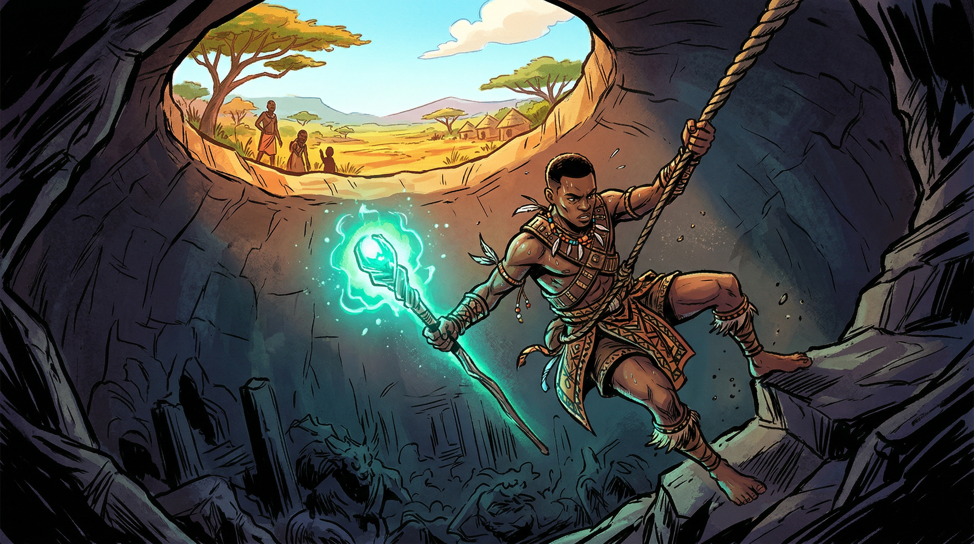 Mwindo desciende al inframundo: el viaje vertical del héroe congoleño.