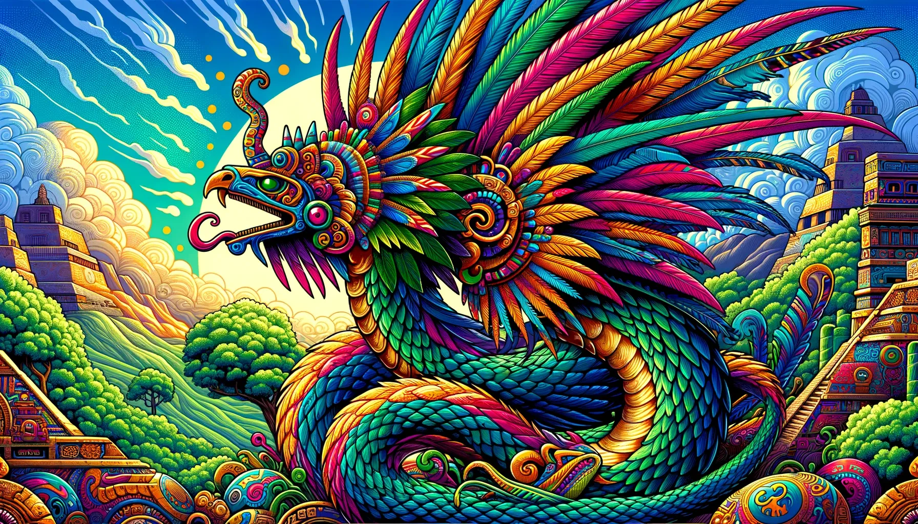 Ilustración vibrante y detallada de Quetzalcóatl, la serpiente emplumada, con plumas coloridas e iridiscentes