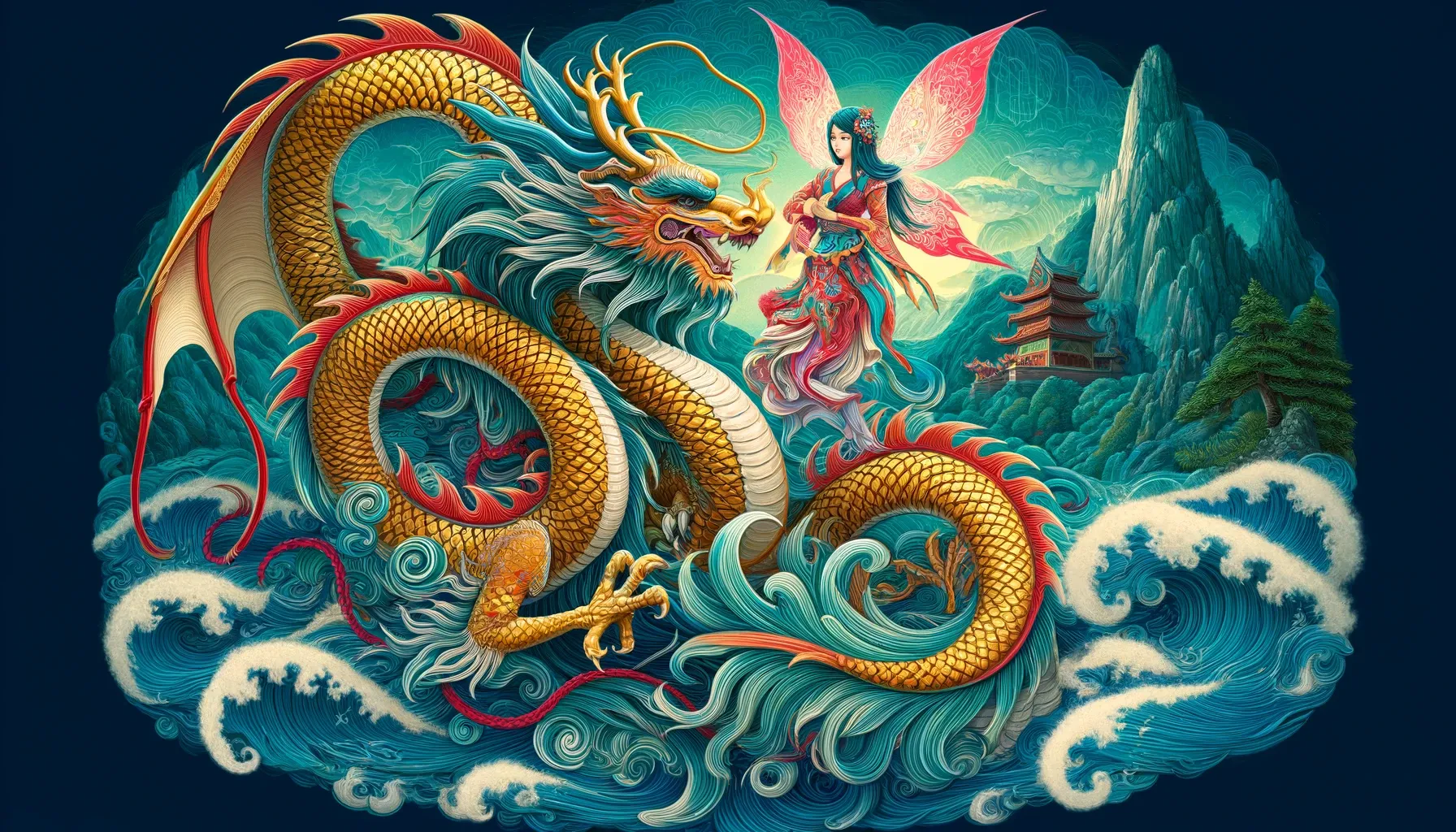 Ilustración de un poderoso dragón y un hada en atuendos tradicionales vietnamitas, con un fondo de olas y picos montañosos.