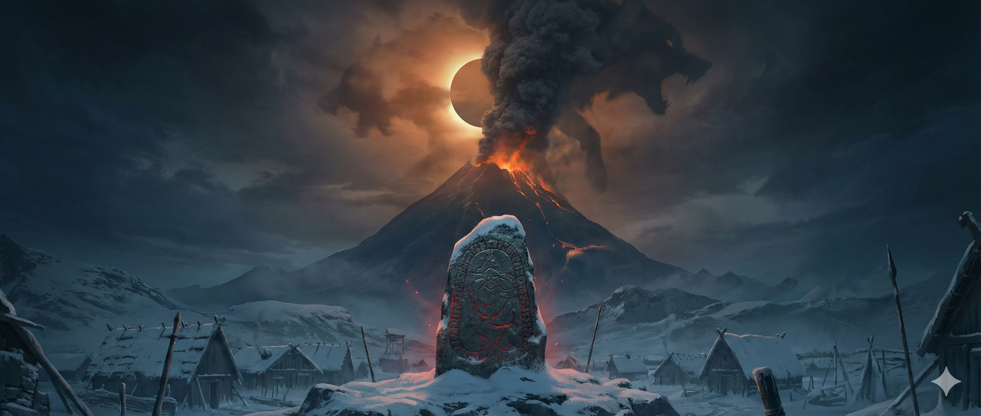panorámica mostrando una piedra rúnica vikinga brillante en primer plano, con un volcán en erupción detrás cuya ceniza oscurece el sol y forma una silueta de lobo