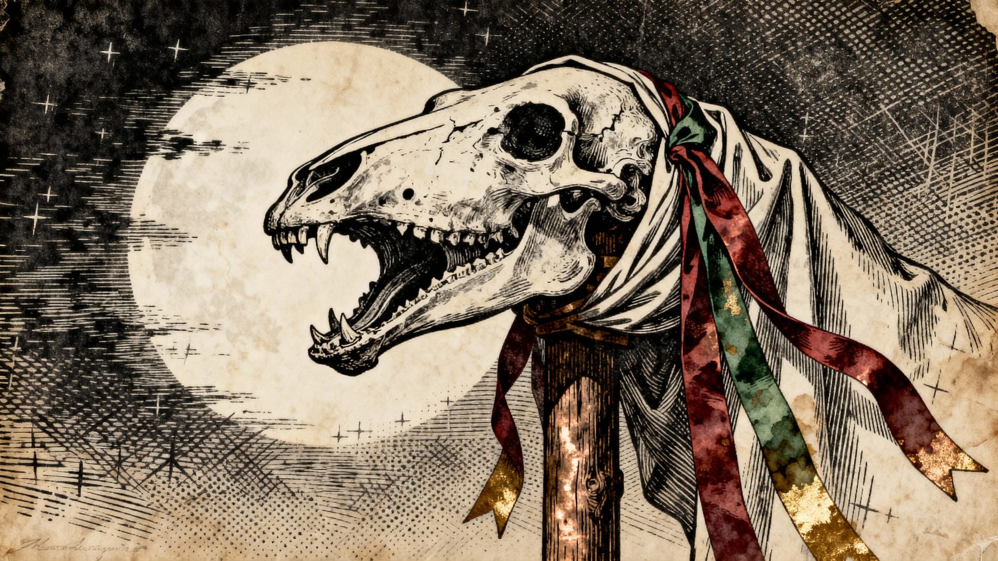 Imagen estilo grabado antiguo que representa a la Mar Lwyd, una calavera de caballo sostenida en un palo, adornada con cintas, de fondo una luna llena.