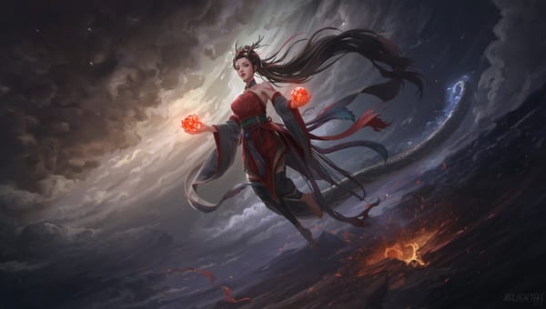 lustración de la diosa china Nüwa con cola de serpiente reparando una grieta en el cielo con piedras brillantes de colores.
