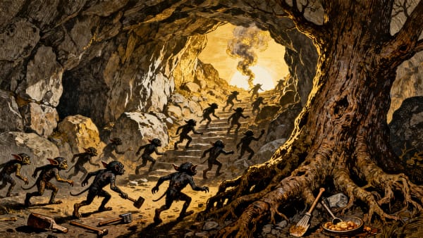 Grabado estilo vintage de una horda de Kallikantzaroi o duendes oscuros subiendo escaleras de piedra desde una cueva hacia la luz del sol.