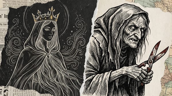 Ilustración artística dividida mostrando las dos caras de la diosa alpina Frau Perchta: una mujer joven y luminosa a la izquierda y una bruja anciana a la derecha.
