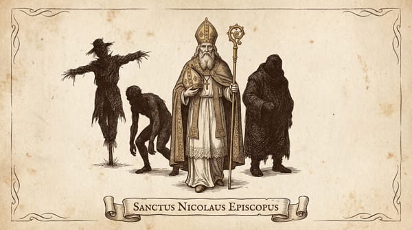 Ilustración estilo grabado antiguo que muestra a San Nicolás en el centro con báculo, flanqueado por un espantapájaros siniestro y una figura oscura encapuchada sobre fondo pergamino.